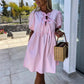🌷Limited Time 57% OFF💞💕 Classy & Comfortable: Women’s Trendy Solid Color Bow Tie Front Puff Sleeve Dress-2