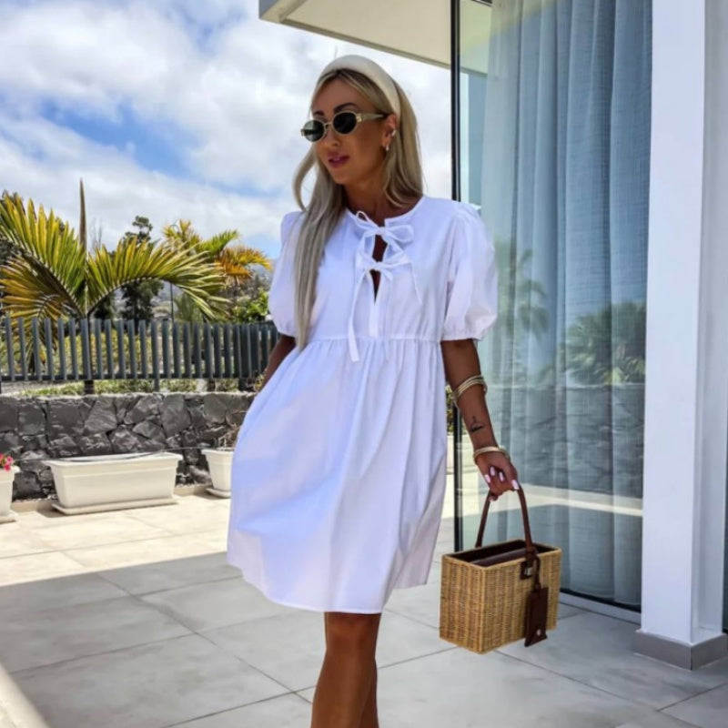 🌷Limited Time 57% OFF💞💕 Classy & Comfortable: Women’s Trendy Solid Color Bow Tie Front Puff Sleeve Dress-4