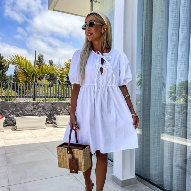 🌷Limited Time 57% OFF💞💕 Classy & Comfortable: Women’s Trendy Solid Color Bow Tie Front Puff Sleeve Dress-10