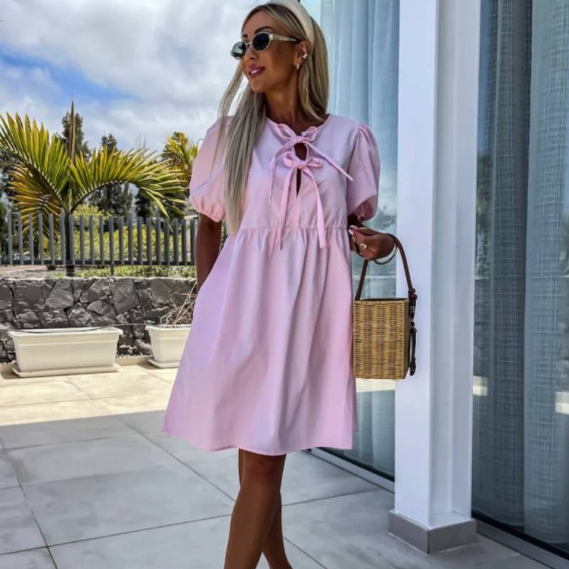 🌷Limited Time 57% OFF💞💕 Classy & Comfortable: Women’s Trendy Solid Color Bow Tie Front Puff Sleeve Dress-9