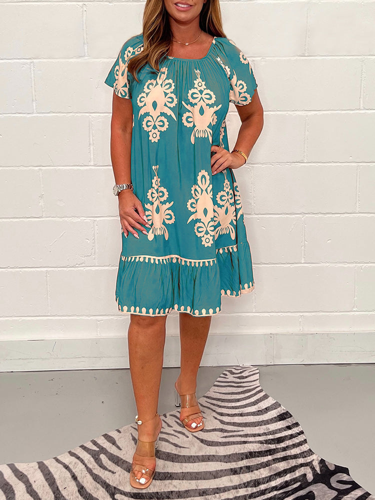 🌷Limited Time 43% OFF💞Geometric Pattern Multi Print Square Neck Dress🌸-4