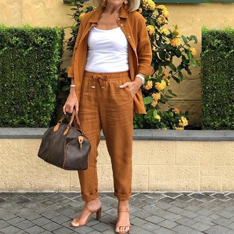 🍁Autumn New Releases🍁Women's cotton linen long sleeve blouse and pants set-1