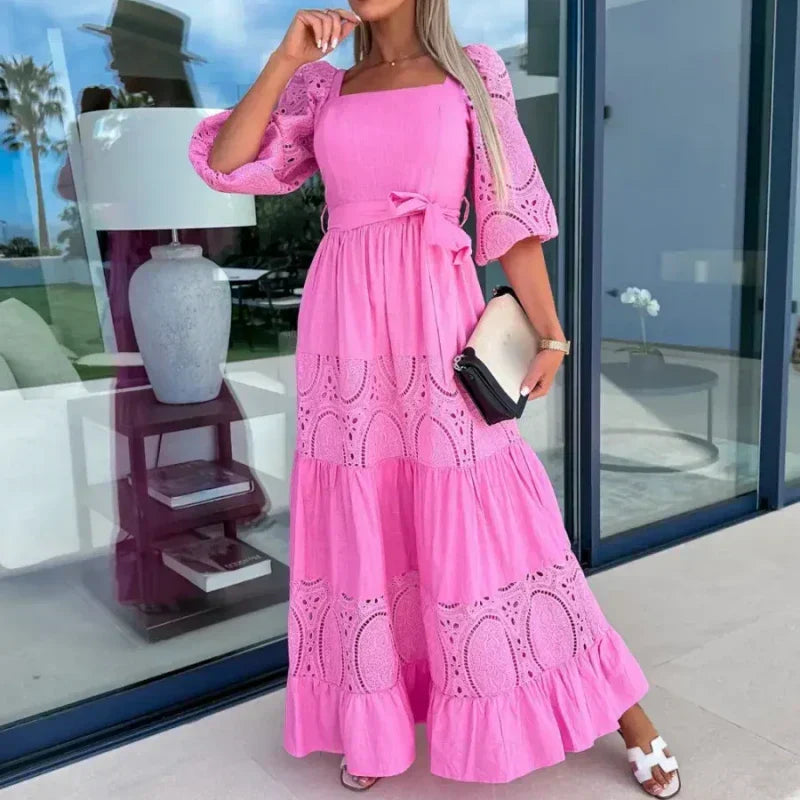 🔥2024 HOT SALE🔥💕Women’s Trendy Patchwork Tie Waist Square Neck Long Dress-1