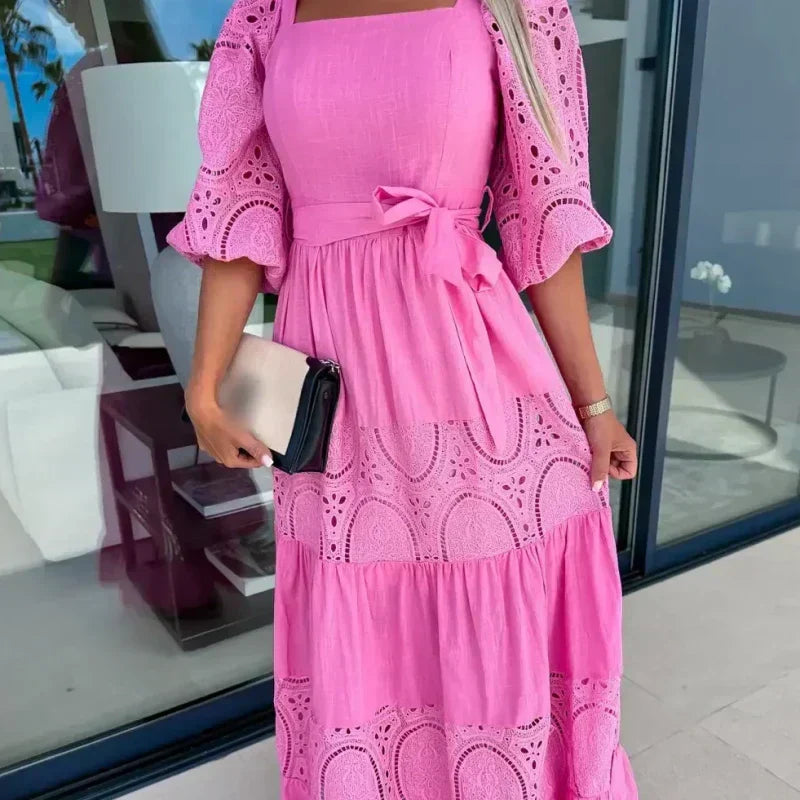 🔥2024 HOT SALE🔥💕Women’s Trendy Patchwork Tie Waist Square Neck Long Dress-2