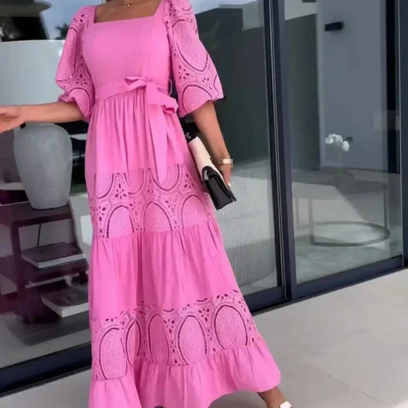 🔥2024 HOT SALE🔥💕Women’s Trendy Patchwork Tie Waist Square Neck Long Dress-3