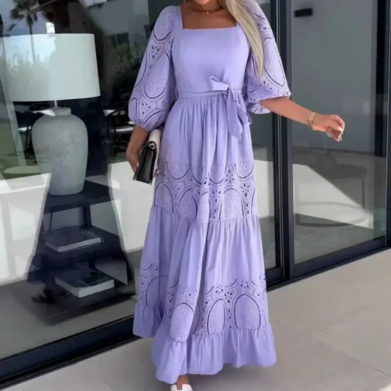 🔥2024 HOT SALE🔥💕Women’s Trendy Patchwork Tie Waist Square Neck Long Dress-6