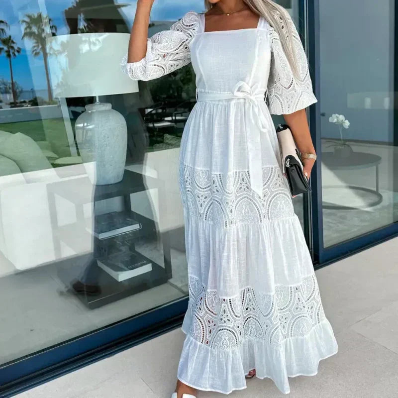🔥2024 HOT SALE🔥💕Women’s Trendy Patchwork Tie Waist Square Neck Long Dress-4