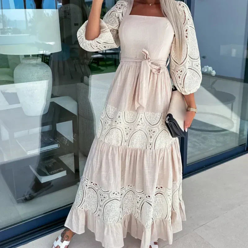 🔥2024 HOT SALE🔥💕Women’s Trendy Patchwork Tie Waist Square Neck Long Dress-5