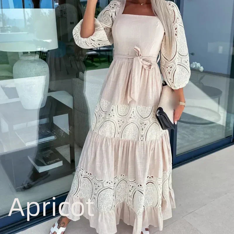 🔥2024 HOT SALE🔥💕Women’s Trendy Patchwork Tie Waist Square Neck Long Dress-9