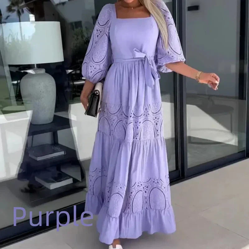 🔥2024 HOT SALE🔥💕Women’s Trendy Patchwork Tie Waist Square Neck Long Dress-10
