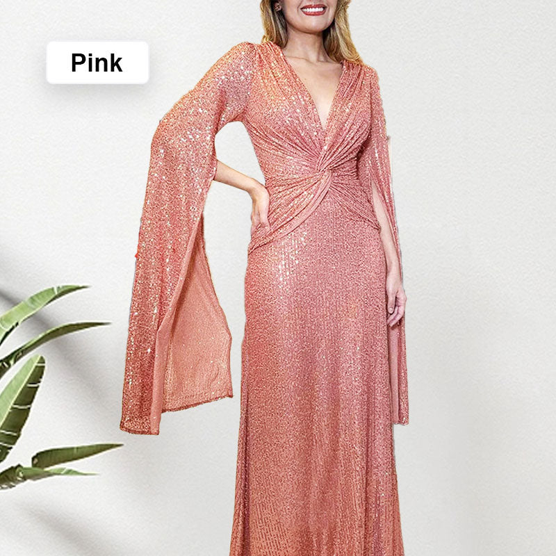 ✨New Arrival✨Sequined V-Neck Evening Dress with Pleated Hem-11