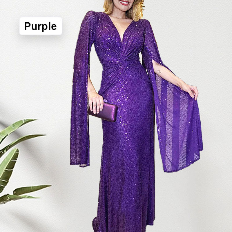 ✨New Arrival✨Sequined V-Neck Evening Dress with Pleated Hem-12