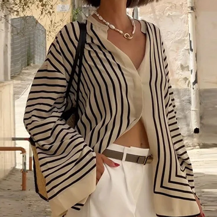 💕 Classy & Comfortable🌸Casual Striped Round Neck Button Front Blouse-2