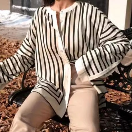 💕 Classy & Comfortable🌸Casual Striped Round Neck Button Front Blouse-1