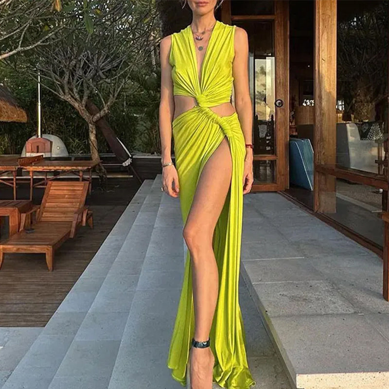 【🎀50% de descuento🎀】🎉2024 HOT SALE🔥😍V-Neck Waist Cutout Pleated Slit Long Dress-2
