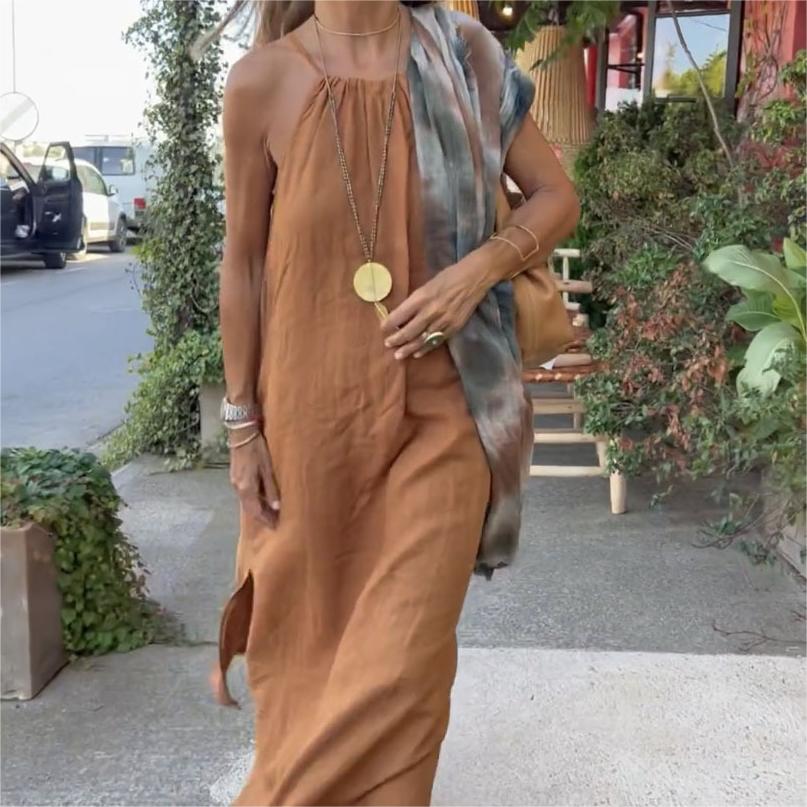 🌸Limit Time 84% OFF 💕Solid Color Loose Breathable Halter Dress-7