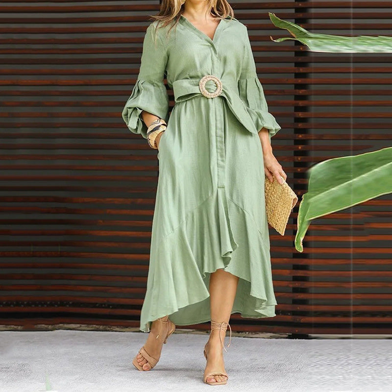 🌸Limit Time 66% OFF 💕Women's V-Neck Waisted Dress with Irregular Hem-4