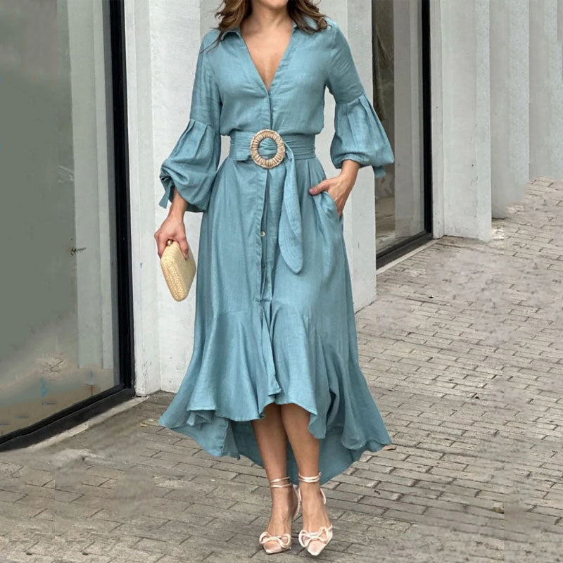 🌸Limit Time 66% OFF 💕Women's V-Neck Waisted Dress with Irregular Hem-3