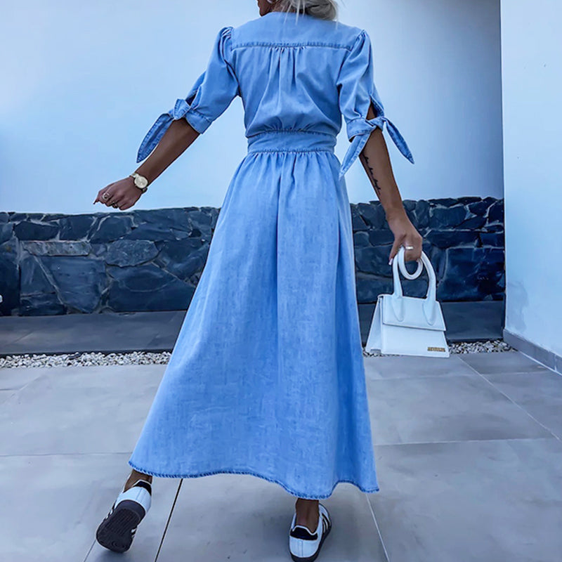 💕Free Shipping🌷Women's V-Neck Button Down Denim Dress-4