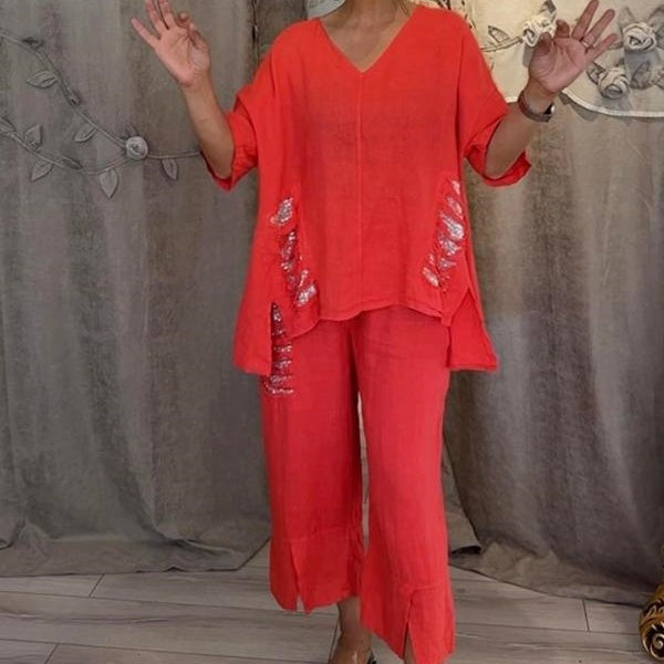💥Last Day 50% OFF💥Women's Cotton Linen V-Neck 2-Piece Set-9