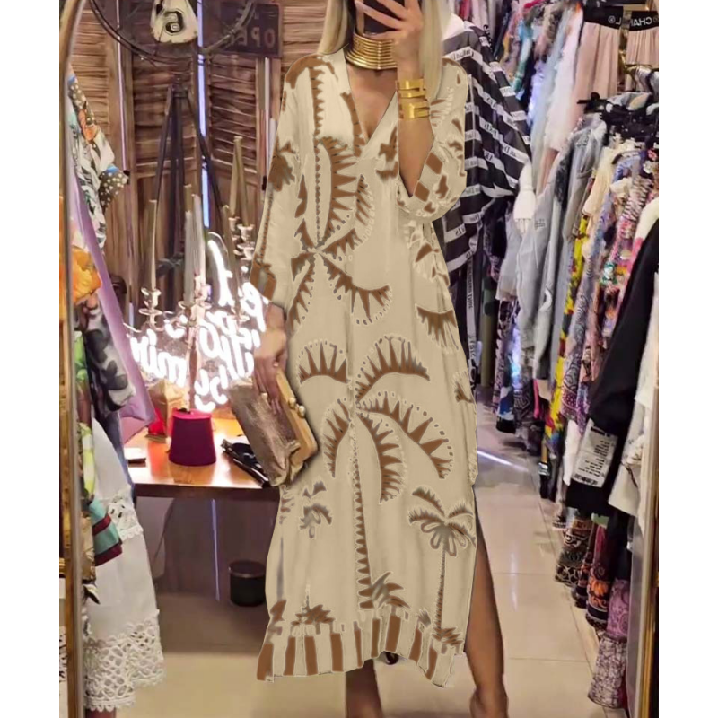 🌷Limited Time 48% OFF💞Women's Vintage Coconut Tree Print Dress with 3/4 Sleeve & Split Hem-1