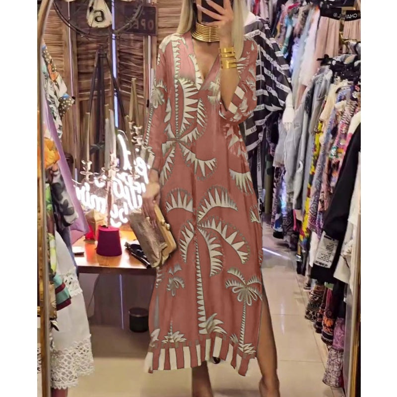 🌷Limited Time 48% OFF💞Women's Vintage Coconut Tree Print Dress with 3/4 Sleeve & Split Hem-2