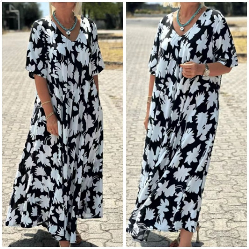 🔥HOT SALE-50% OFF💝Women’s Trendy Print Loose Fit V Neck Long Dress-5