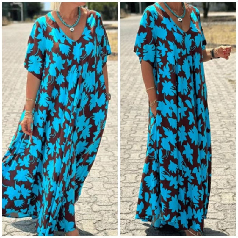🔥HOT SALE-50% OFF💝Women’s Trendy Print Loose Fit V Neck Long Dress-4