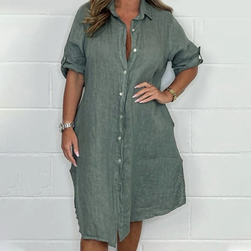 🌷Limited Time 51% OFF💞Women's Cotton and Linen Button Shirt Dress-5