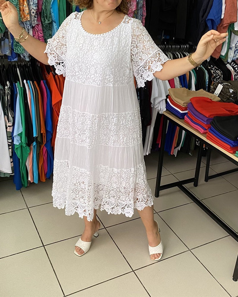 🔥HOT Sale🔥Solid Color Short Sleeve Lace Dress-1