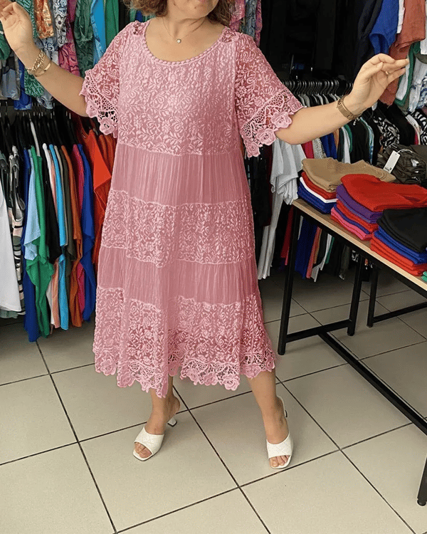 🔥HOT Sale🔥Solid Color Short Sleeve Lace Dress-12