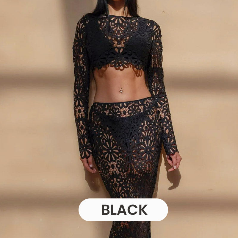 🌸61% OFF & Free Shipping🌸Lace Hollow-Out Top & Skirt 2-Piece Set-11
