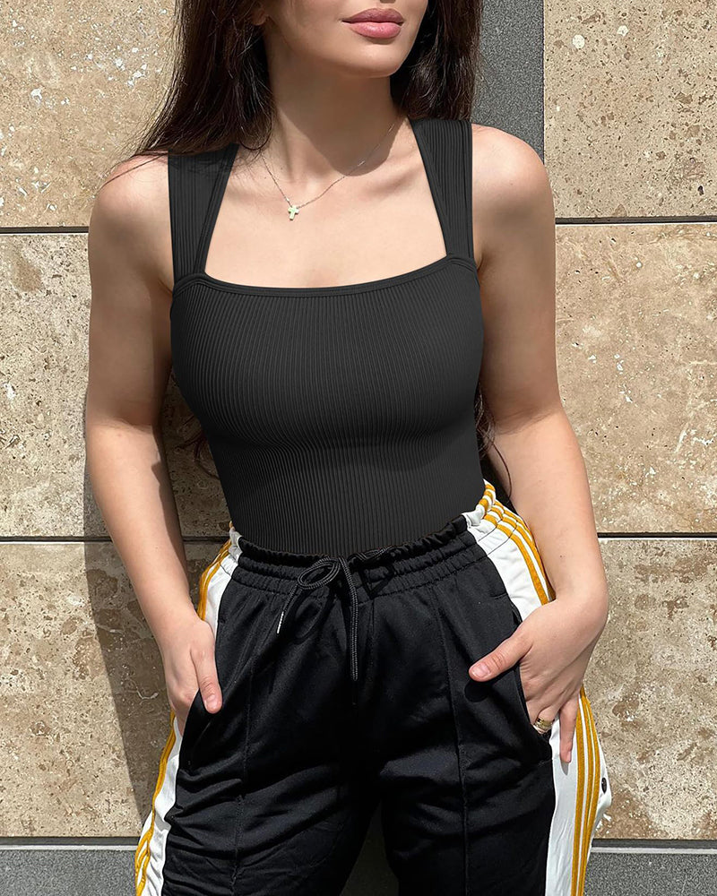 ✨New Arrival🩱Sexy Square Neck Sleeveless Tummy Control Tank Tops Bodysuits-4