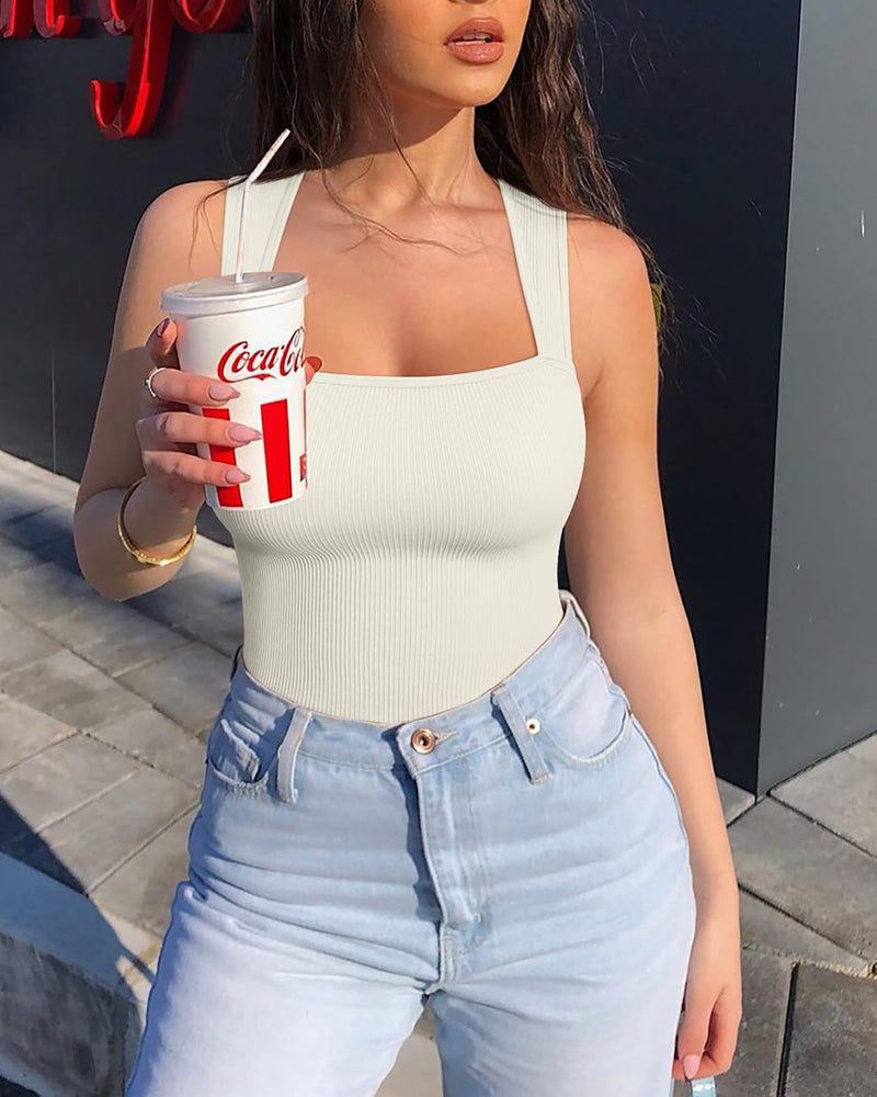 ✨New Arrival🩱Sexy Square Neck Sleeveless Tummy Control Tank Tops Bodysuits-8