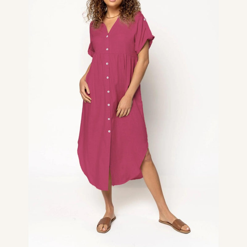 💥Free shipping💥Women's Casual Loose Rolled Up Sleeve Button Down Shirt Dress-5