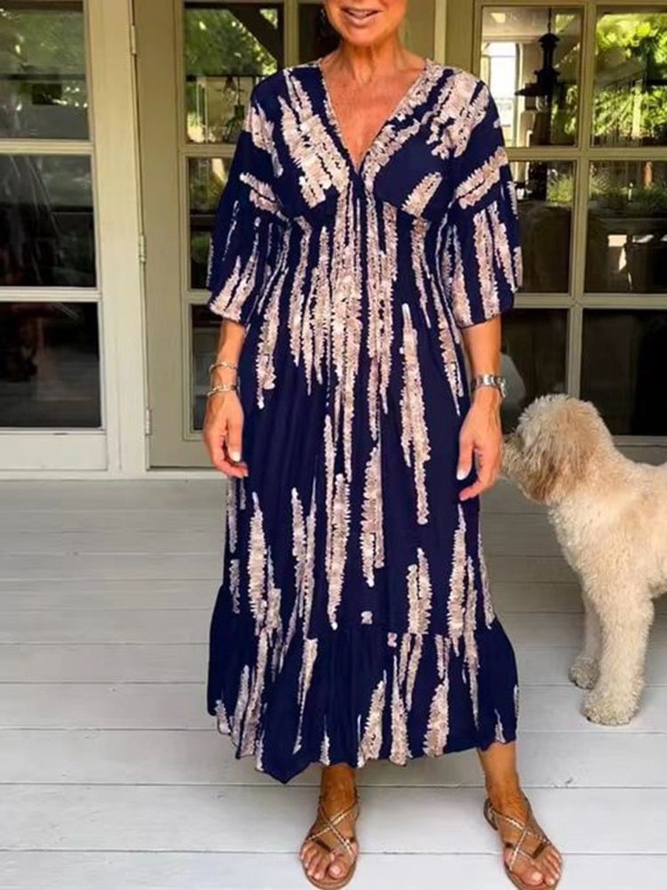 🌷Limited time offer 47% OFF🎁Casual Print V-Neck Waist Wrap Long Dress-2