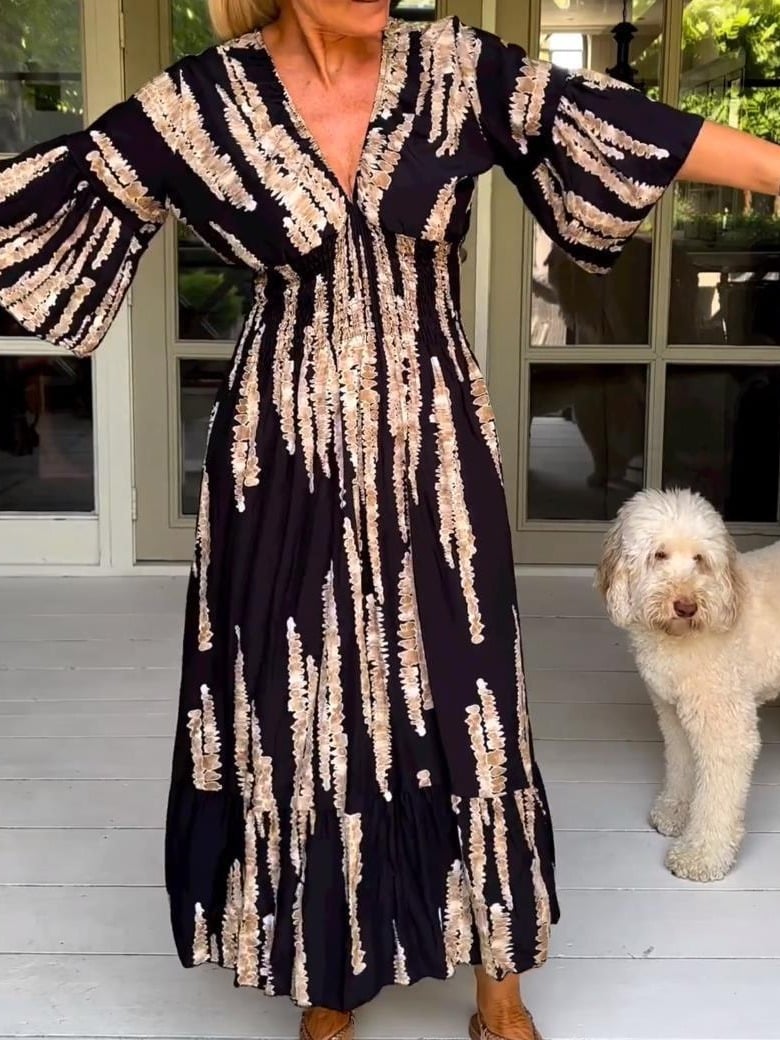 🌷Limited time offer 47% OFF🎁Casual Print V-Neck Waist Wrap Long Dress-4
