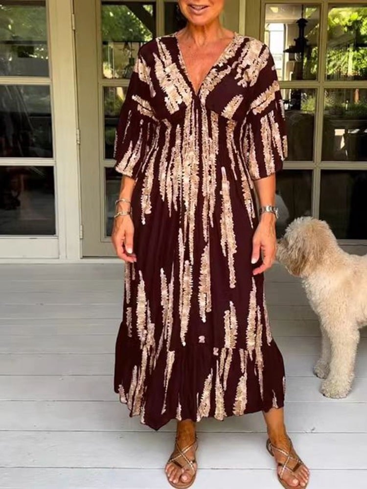 🌷Limited time offer 47% OFF🎁Casual Print V-Neck Waist Wrap Long Dress-5