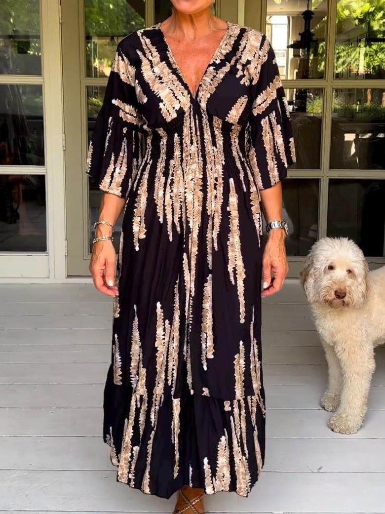 🌷Limited time offer 47% OFF🎁Casual Print V-Neck Waist Wrap Long Dress-6
