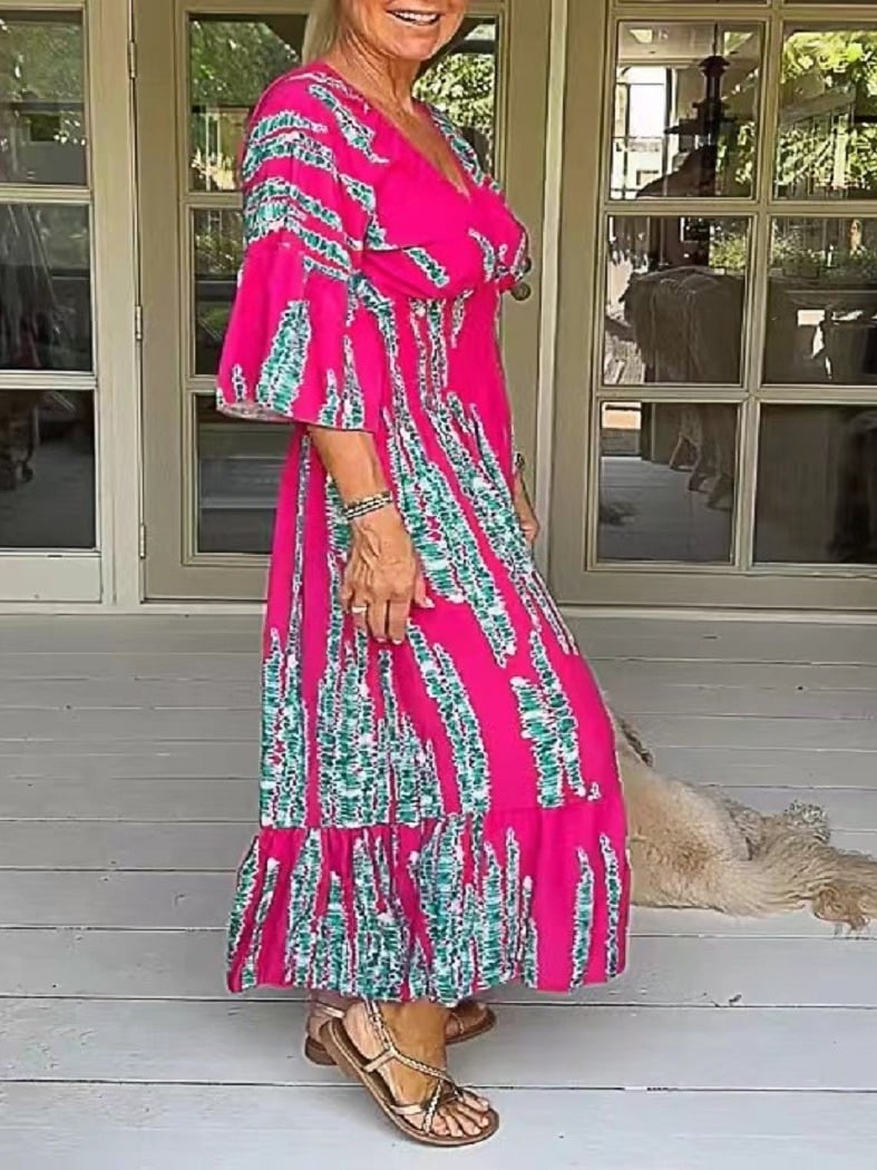 🌷Limited time offer 47% OFF🎁Casual Print V-Neck Waist Wrap Long Dress-9