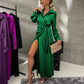 🌷Limited Time 51% OFF💞Women’s Trendy Long Sleeve Tie Waist Side Slit Dress-2