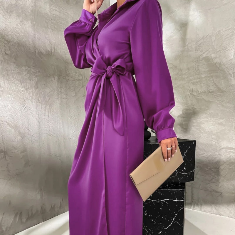🌷Limited Time 51% OFF💞Women’s Trendy Long Sleeve Tie Waist Side Slit Dress-6