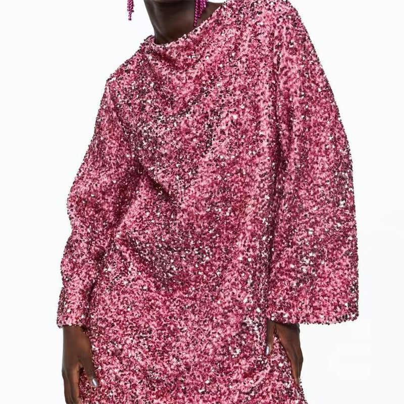 🎁Gift Choice - Long Sleeve Loose Sequined Tie-back Dress-4