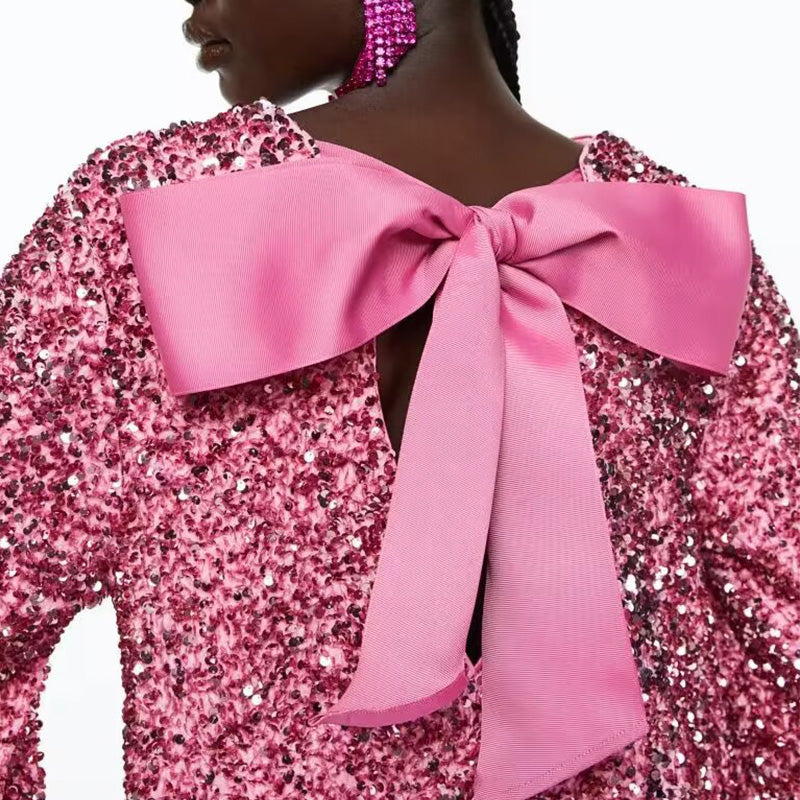 🎁Gift Choice - Long Sleeve Loose Sequined Tie-back Dress-10