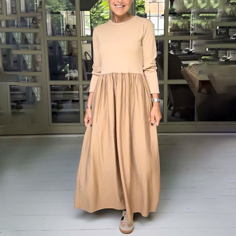 💞Elegant Solid Color Round Neck A-line Pleated Dress-3