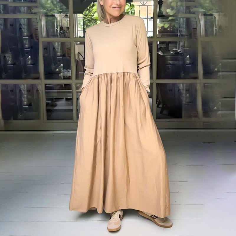 💞Elegant Solid Color Round Neck A-line Pleated Dress-2