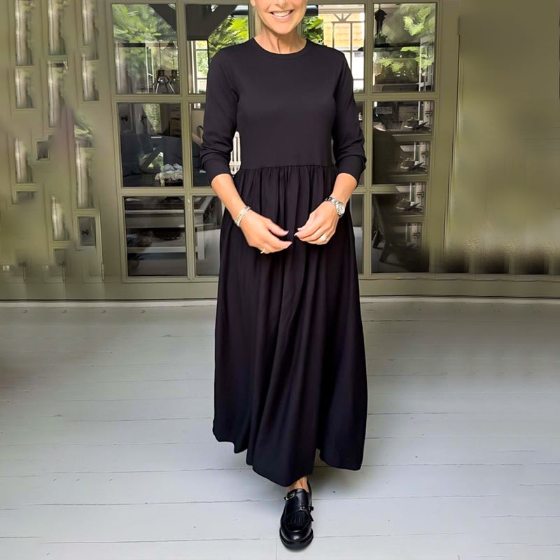 💞Elegant Solid Color Round Neck A-line Pleated Dress-1