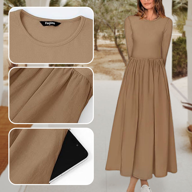 💞Elegant Solid Color Round Neck A-line Pleated Dress-6