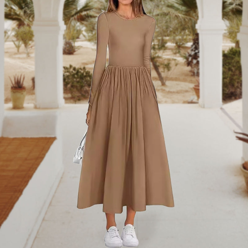 💞Elegant Solid Color Round Neck A-line Pleated Dress-4