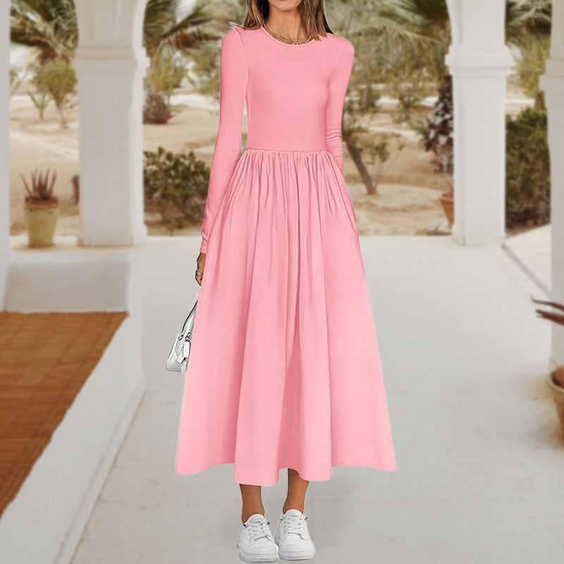 💞Elegant Solid Color Round Neck A-line Pleated Dress-9